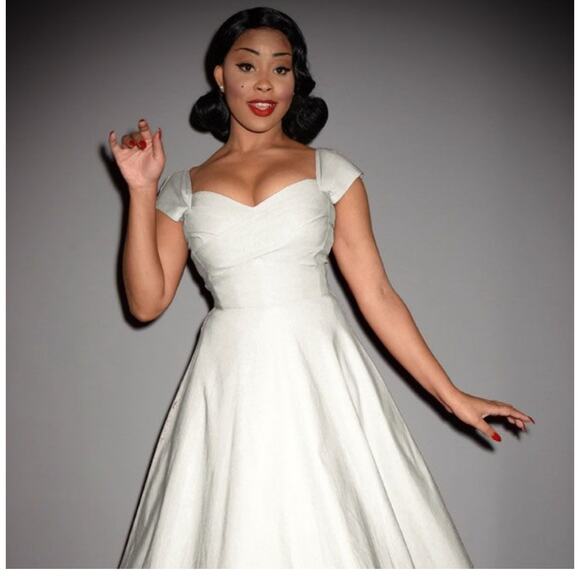 STOP STARING MADSTYLE SWING DRESS IN IVORY PIN-UP 1950's WOMEN SIZE MEDIUM - Picture 3 of 14